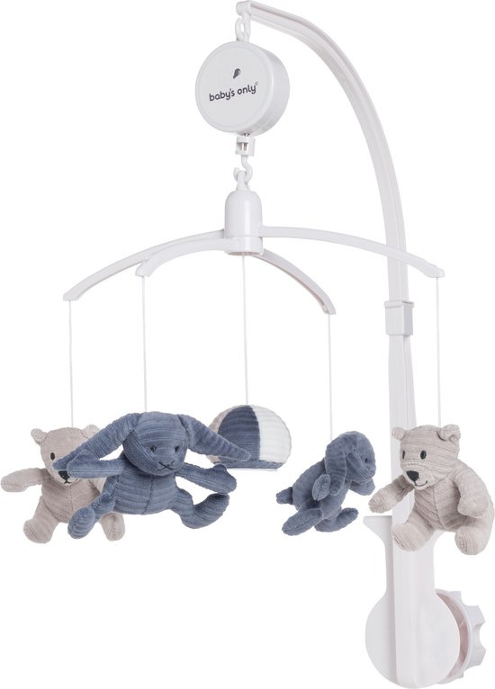 Baby's Only Muziekmobiel baby - Boxmobiel Sense - Vintage Blue/Kiezelgrijs/Wit - Figuurtjes van zachte rib corduroy stof - Muziek speelgoed - Melodie 'It's a small world' van Baby's Only