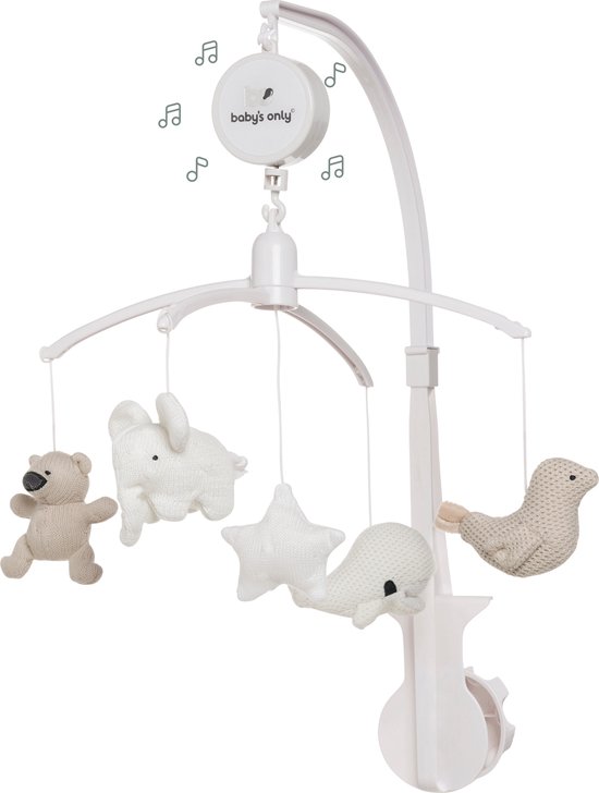 Baby's Only Muziekmobiel baby - Boxmobiel - Zand/Wolwit/Wit - Gebreide figuurtjes - Muziek speelgoed - Melodie 'It's a small world' van Merkloos