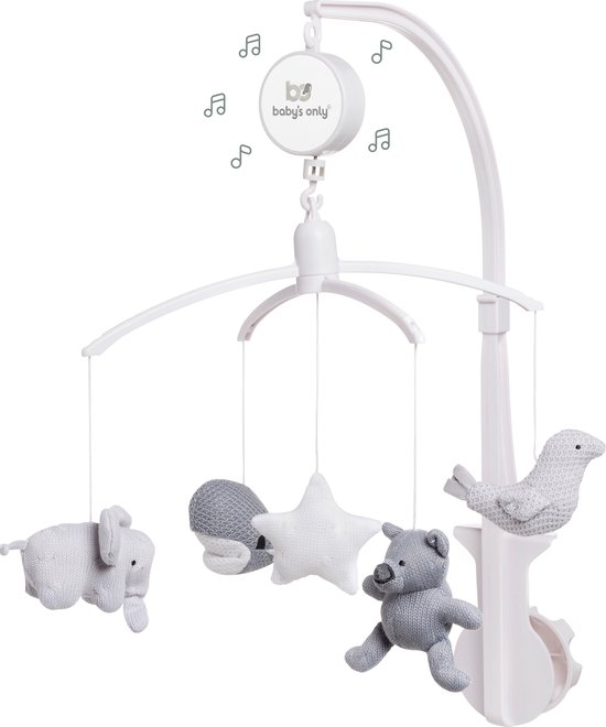 Baby's Only Muziekmobiel baby - Boxmobiel - Zilvergrijs/Grijs/Wit - Gebreide figuurtjes - Muziek speelgoed - Melodie 'It's a small world' van Merkloos