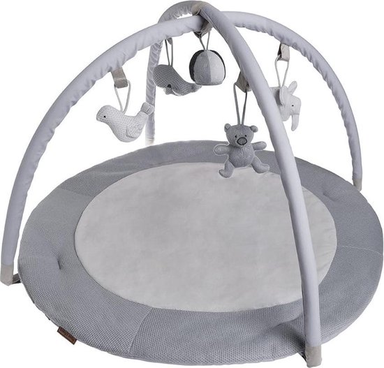 Baby's Only Rond baby speelkleed met boog - Baby gym - Playmat - Speelmat - Zilvergrijs/Grijs/Wit - 87 cm - Gebreide figuurtjes van Baby's Only