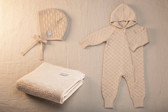 Babyschenkset van merino wol met diamantpatroon - Deken, romper en mutsje - beige - 0-3 maanden
