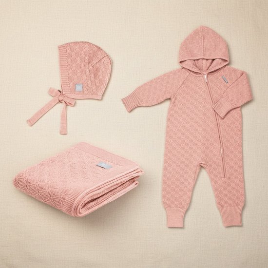 Babyschenkset van merino wol met diamantpatroon - Deken, romper en mutsje - roze - 0-2 maanden