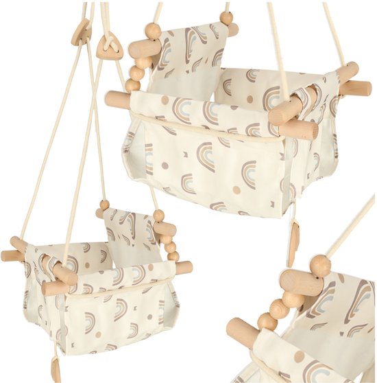 Babyschommel Babyzitje - Stof Hout - Babyschommel Binnen - Kinderschommel - Schommel Baby Zitje - Schommelzitjes - Schommelstoel - Roze - Regenbogen - Boheme van NehOvah Kids