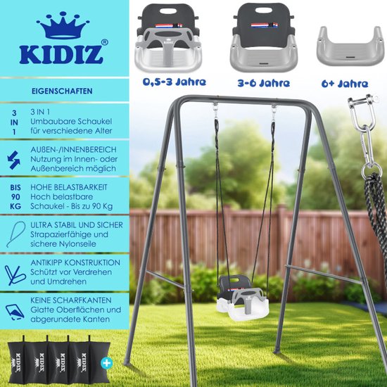 Babyschommel met frame 3-in-1 – hoogte 155 cm – binnen en buiten – schommel met metalen frame – grijs van Moni