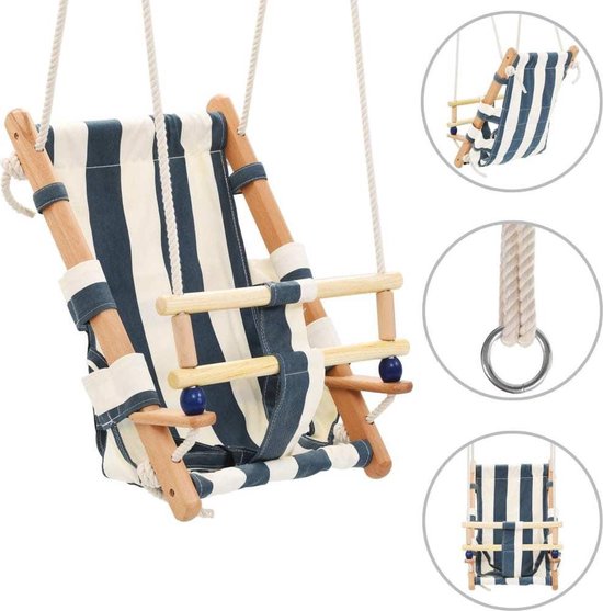 Babyschommel met gordel Hout Blauw- Babyschommel Buiten - Baby schommel tuin - Peuterschommel - Kinderschommel - Schommelzitje van HAPPYJUMP