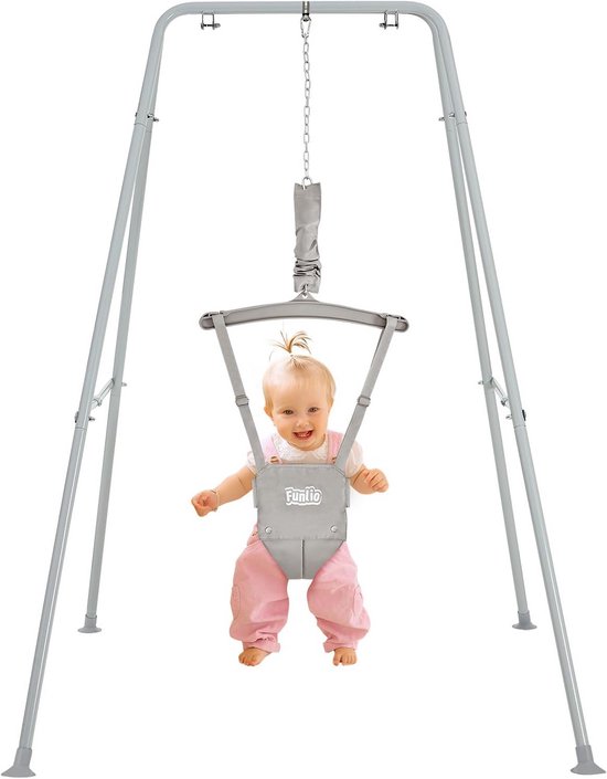 Babyschommel met standaard - Kinder jumper - Binnen en buiten spelen - Verstelbare ketting - 155 cm hoog - Grijs
