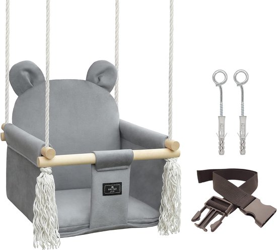 Babyschommelset met veiligheidsgordel, haken, ringen, beer, grijs fluweel, schommel voor baby's binnen en buiten, kinderschommel, babyschommel, deurkozijn, babyschommel, outdoor, van Benlemi
