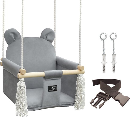 Babyschommelset voor binnen en buiten, beer-grijs fluweel, schommel, kinderschommel, kleuterschommel, peuterschommel, houten schommel, schommelzitje vanaf 6 m, voor thuis, tuin van KINDERSCHAUKE.