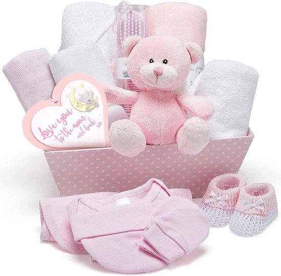 Babyshower Cadeaumand - Kraamcadeau set - Baby verwelkomen - Compleet samengesteld - 30 x 23 x 28.5 cm - Roze