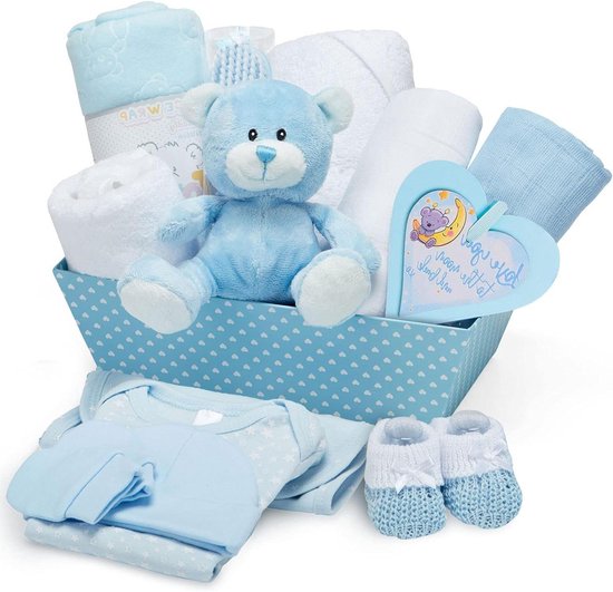 Babyshower Cadeaumand - Kraamcadeau Set - Baby Verwelkomen - Uitgebreide Collectie - 30 x 23 x 28.5 cm - Blauw
