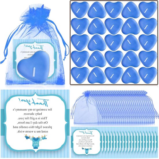 Babyshower Gunsten - Bedankjes Feest - Gasten Vieren - Hartvorm Kaars - 50 Sets - Blauw