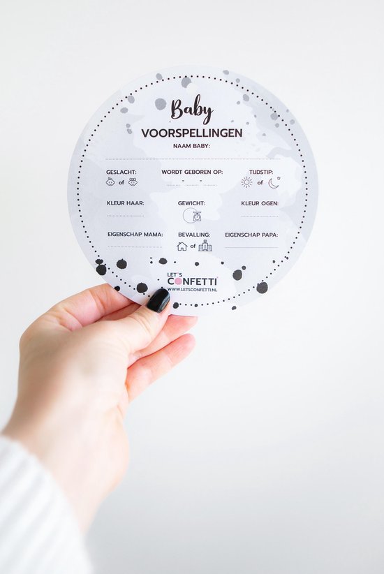 Babyshower invulkaart | GRIJS | 15 stuks | ROND | voorspellingskaart | wenskaart | LET'S CONFETTI van LET'S CONFETTI