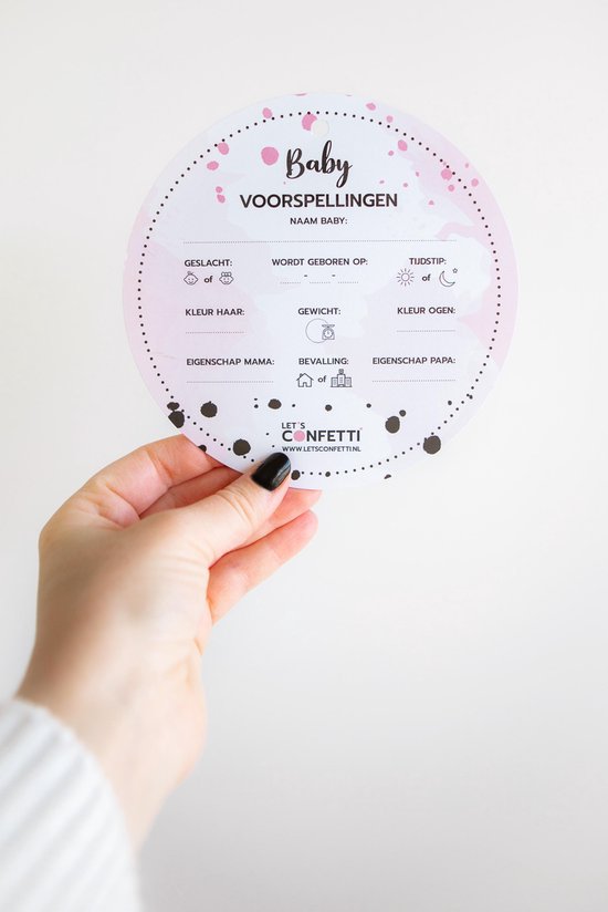 Babyshower invulkaart | ROZE | 15 stuks | ROND | voorspellingskaart | wenskaart | LET'S CONFETTI van LET'S CONFETTI
