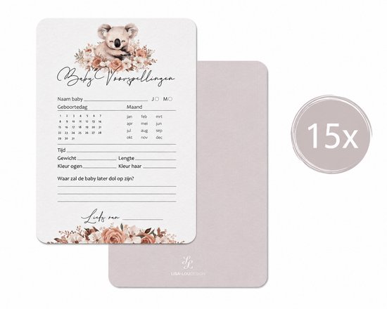 Babyshower invulkaarten (15 stuks) | baby voorspellingen | luxe | gender reveal | koala beer | beige | unisex jongen meisje