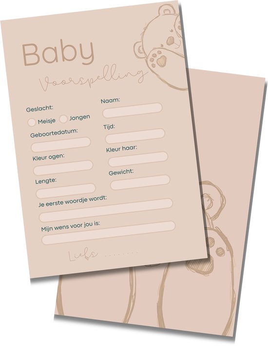 Babyshower Invulkaarten Beer Beige / Bruin - Voorspelling - Babyshower Meisje / Jongen - 20 stuks - A6 Formaat - Stevig Karton van Kraambaby.