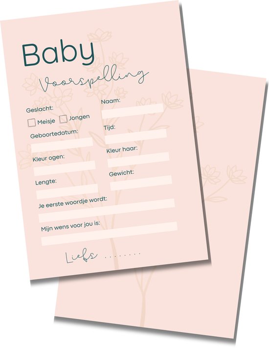 Babyshower Invulkaarten Bloemen Roze - Voorspelling - Babyshower Meisje - 20 stuks - A6 Formaat - Stevig Karton van Merkloos