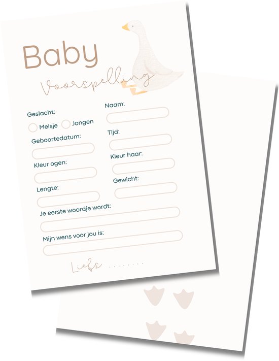Babyshower Invulkaarten Goose/Gans - Voorspelling - Babyshower Meisje / Jongen - 20 stuks - A6 Formaat - Stevig Karton van Merkloos