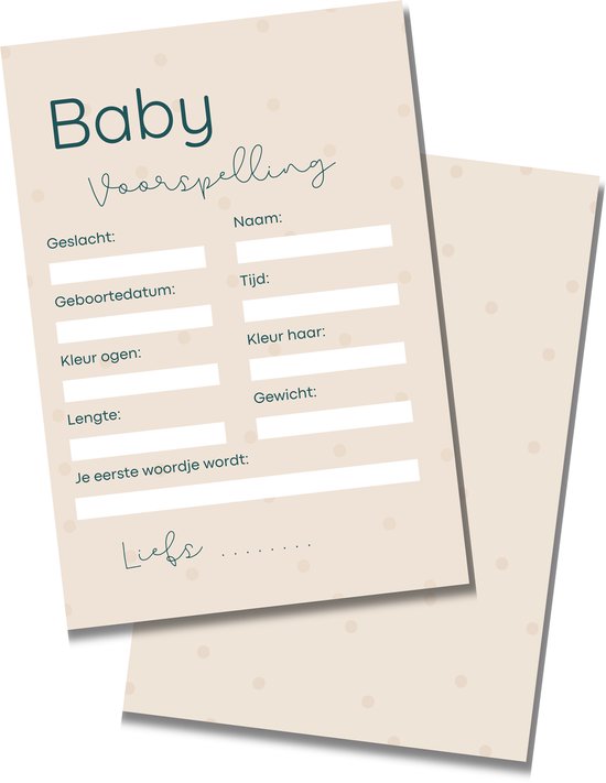 Babyshower Invulkaarten Meisje / Jongen Beige Stippen - Voorspelling - 20 stuks - A6 Formaat - Stevig Karton