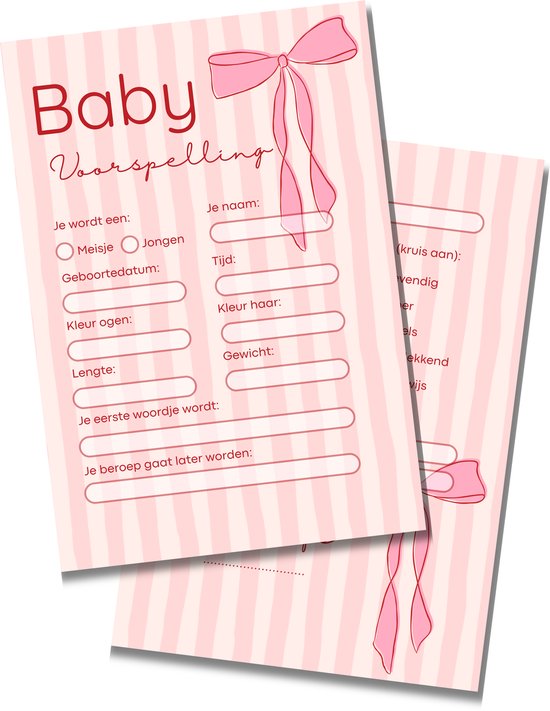Babyshower Invulkaarten Roze Strik - Voorspelling - Babyshower Meisje - 20 stuks - A6 Formaat - Stevig Karton van Merkloos