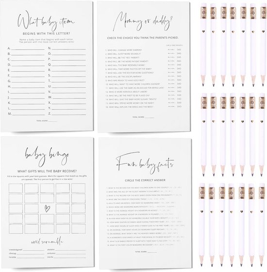 Babyshower Spelletjes Set - 4 Stuks voor Jongens of Meisjes met 30 Potloden - Dubbelzijdige Kaarten voor een Feestelijke Decoratie van Merkloos