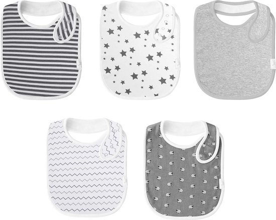 Babyslabbetjes van 100% biologisch katoen, verpakking van 5 stuks, absorberende badstof achterkant, slabbetjes voor meisjes en jongens, met 4 verstelbare drukknopen, 0 tot 36 maanden van Little Dutch