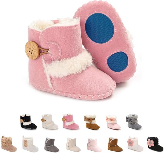 Babyslofjes met Knopen - Peuter Sneeuwlaarsjes - Warmte en Comfort - Antislip Zachte Zool - 0-18 Maanden - Roze
