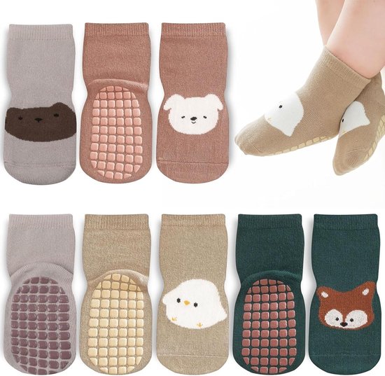 Babysokjes - Kindersokken Sokjes - Warmte en Grip - Antislip Zolen - 4 Paren - Dierenprint