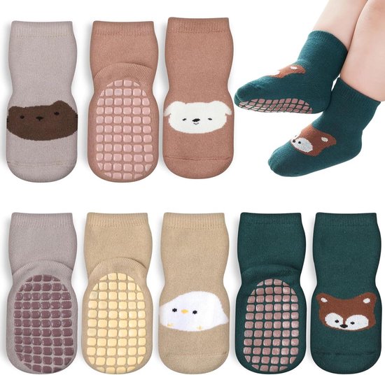 Babysokken 4 Paar - Antislip Sokjes - Warmte en Veiligheid - Zachte Katoenmix - 0-3 Jaar - Dierenmotief