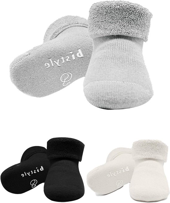 Babysokken biologisch katoen - Warme wintersokken peuter - Veilig Lopen Leren - ABS Antislip zool - 3 paar - Grijs