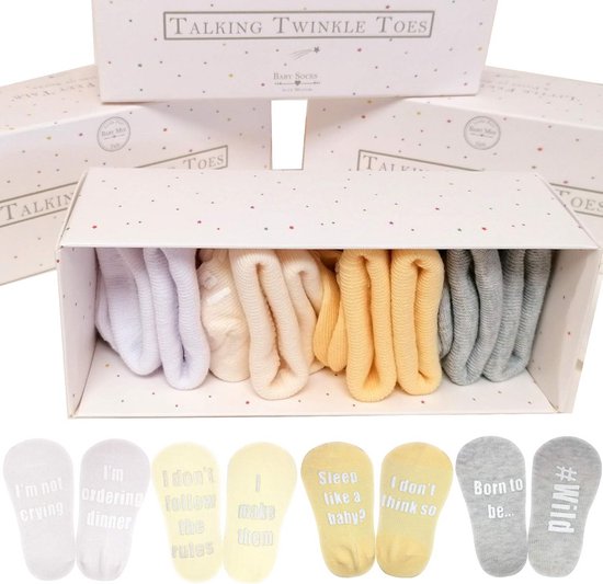Babysokken Cadeauset 4 Paar met Grappige Spreuken | Geschenketui Pasgeboren 0-12 Maanden | Neutraal van Merkloos