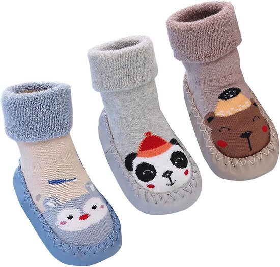 Babysokken met Antislip - Schoentjes Slofjes - Eerste Stapjes Leren - Zachte Katoen Mix - 3 Paren - Multicolor
