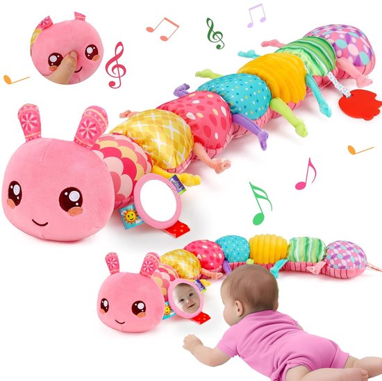 Babyspeelgoed 0 3 6 maanden Rups Muziekspeelgoed, Montessori Sensorisch Speelgoed, Babys Cadeau Meisje met Liniaal Grijpring Rammelaar Spiegel, Babyspeelgoed Nieuwborenen Cadeau, Tummy Time Babyspeelgoed