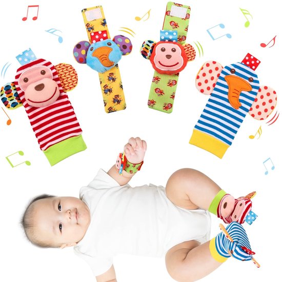 Babyspeelgoed 3-6 maanden – Set van polsrammelaars en sokjes met voetzoekers – Zacht pluche knisperspeeltje – Stimuleert grijpen en schoppen – Sensorisch speelgoed voor baby's van 0 tot 12 maanden – Kraamcadeau voor jongens en meisjes