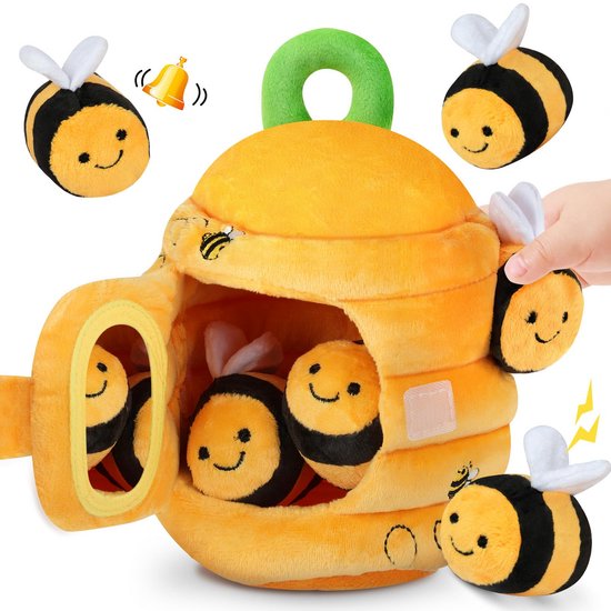 Babyspeelgoed, 6-12 maanden, pluche dier bij met bijenkorf, rammelaars, plooien, spiegel, sensorisch Montessori-speelgoed voor baby's, cadeau voor baby's van 1 jaar