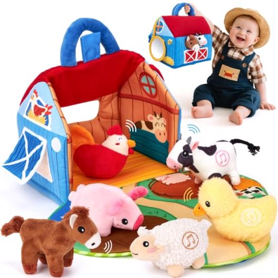 Babyspeelgoed 6-12 maanden: Verrassingsboerderij met dieren, geluiden en woorden Set van 6 boerderijspeeltjes / Montessori-speelgoed – cadeau voor baby's van 6 maanden, peuters en kinderen van 1 jaar (jongen/meisje) kerstcadeau