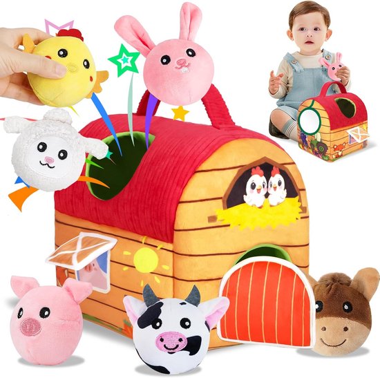 Babyspeelgoed Boerderij - Sensorisch Pluche - Vroege Ontwikkeling - Zachte Knuffels - 14.5 cm - Multicolor