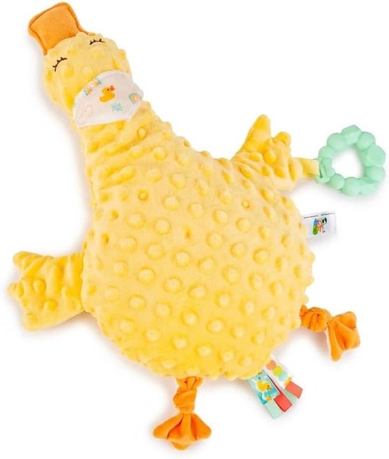 Babyspeelgoed Eend - Pluche dier - Babyontwikkeling stimuleren - Met bijtring en texturen - Vanaf 0 maanden - Geel