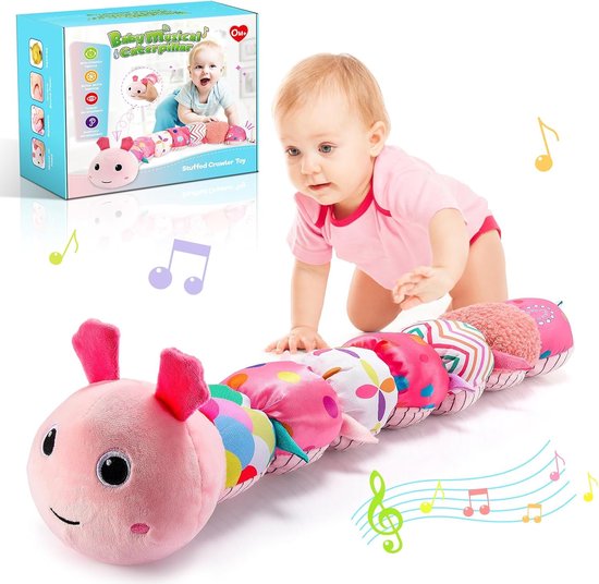 Babyspeelgoed Rups - Muzikaal Knuffeldier - Baby Ontwikkeling - Met Groei Liniaal - 18 cm - Roze