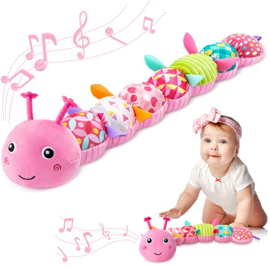 Babyspeelgoed - Rups Muzikaal Speelgoed - Montessori Zintuiglijk Speelgoed Babyspeelgoed Cadeau Voor Jongens Met Liniaal Grijpspeelgoed Ramelaar - Babyspeelgoed Cadeau Voor Pasgeborenen, Tummy Time Babyspeelgoed - Roze