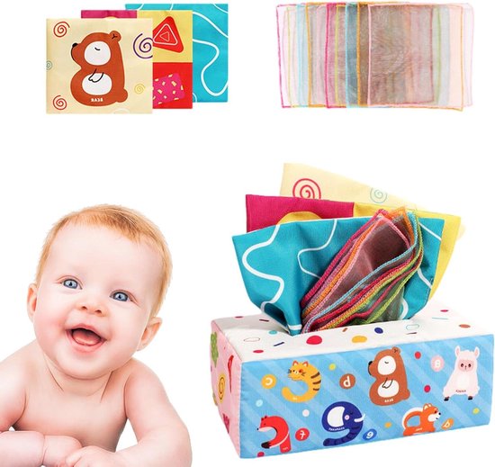 Babyspeelgoed tissuebox - Knisperboekje - Zintuiglijke Ontwikkeling - Reisvriendelijk Ontwerp - 175 cm - Meerkleurig