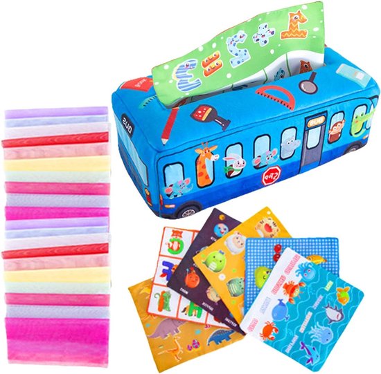 Babyspeelgoed Tissuedoos - Sensorisch Speelgoed Baby - Ontwikkeling Stimuleren - Zachte Wasbare Stoffen - 22 x 14 x 9 cm