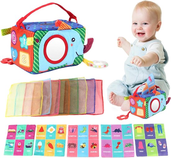Babyspeelgoed Tissues Doos - Educatief Boekje - Ontwikkeling Stimuleren - Zachte Pluche Materialen - 20 x 15 x 14 cm