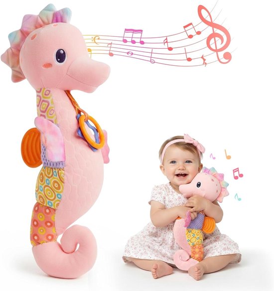Babyspeelgoed Zeepaardje - Knuffeldier Rammelaar - Baby Ontwikkeling Stimuleren - Meerdere Geluiden Texturen - 19.8 cm - Roze