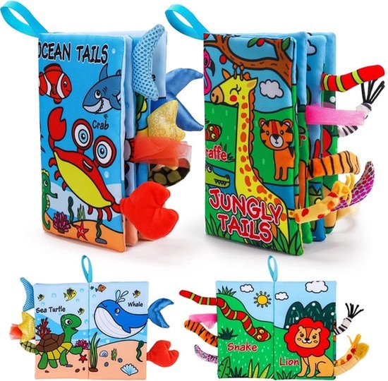 Babystoffenboekjes — 2-delige set (Giraffe + Krab) — Hoogcontrast sensorisch speelgoed met knispergeluiden, geschikt voor baby's van 0–12 maanden