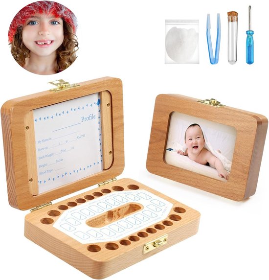 Babytandendoosje, babyfotolijstje, opbergdoosje voor kindertanden, bewaardoosje, tandendoosje, geboorte-doop verjaardagscadeauset, geschikt voor jongens en meisjes