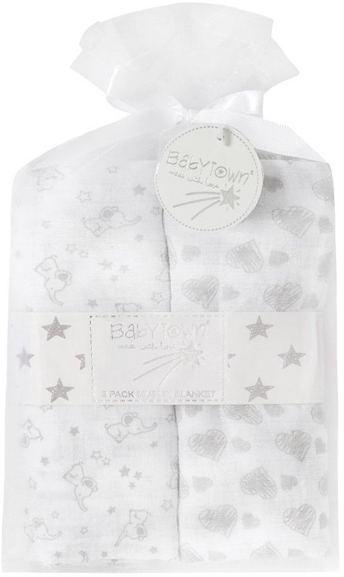 Babytown - 2 Hydrofiel Luiers in Organza Gift Bag - 75x75 cm - Grijs - Wit