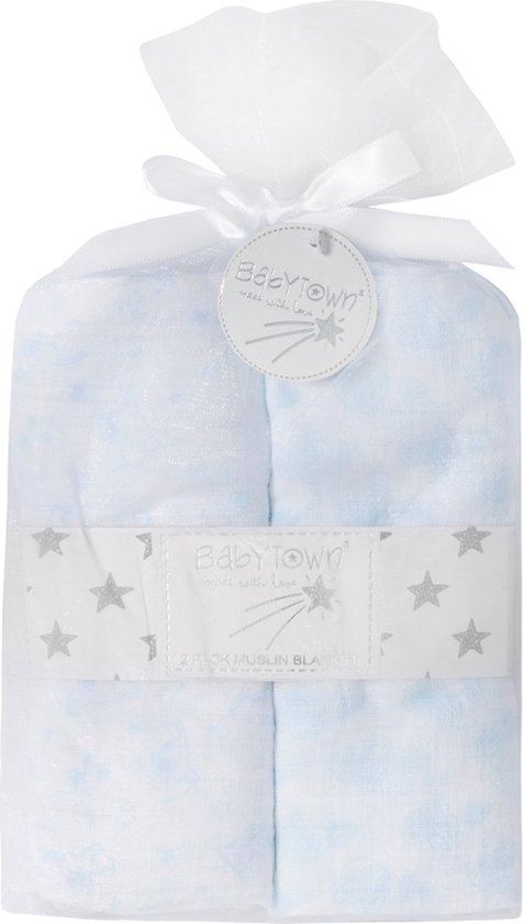 Babytown 2-Pack Hydrofiele Doek 76 x 76cm Olifant & Hartjes Wit/blauw- 19C206 van Babytown