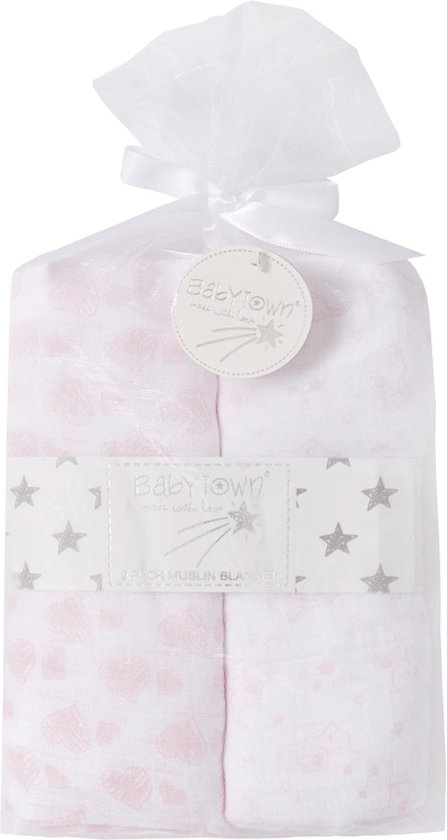 Babytown 2-Pack Hydrofiele Doek 76 x 76cm Olifant & Hartjes Wit/roze- 19C206 van Babytown
