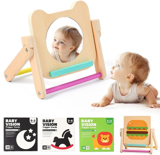 Babyveilig Draaibaar Speelgoed Spiegeltje met 120 Kaarten Voor Visuele Stimulatie – Houten Spiegelspeelgoed voor 'Tummy Time' – Zwart, Wit en Rood – Inclusief Baby-Geheugenkaarten van Merkloos