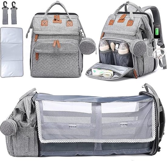 Babyverschoonrugzak met aankleedkussen, reistas met afneembaar opklapbed, casual grijs, multifunctioneel, waterdicht met USB-oplaadpoort voor ouders van Oasser